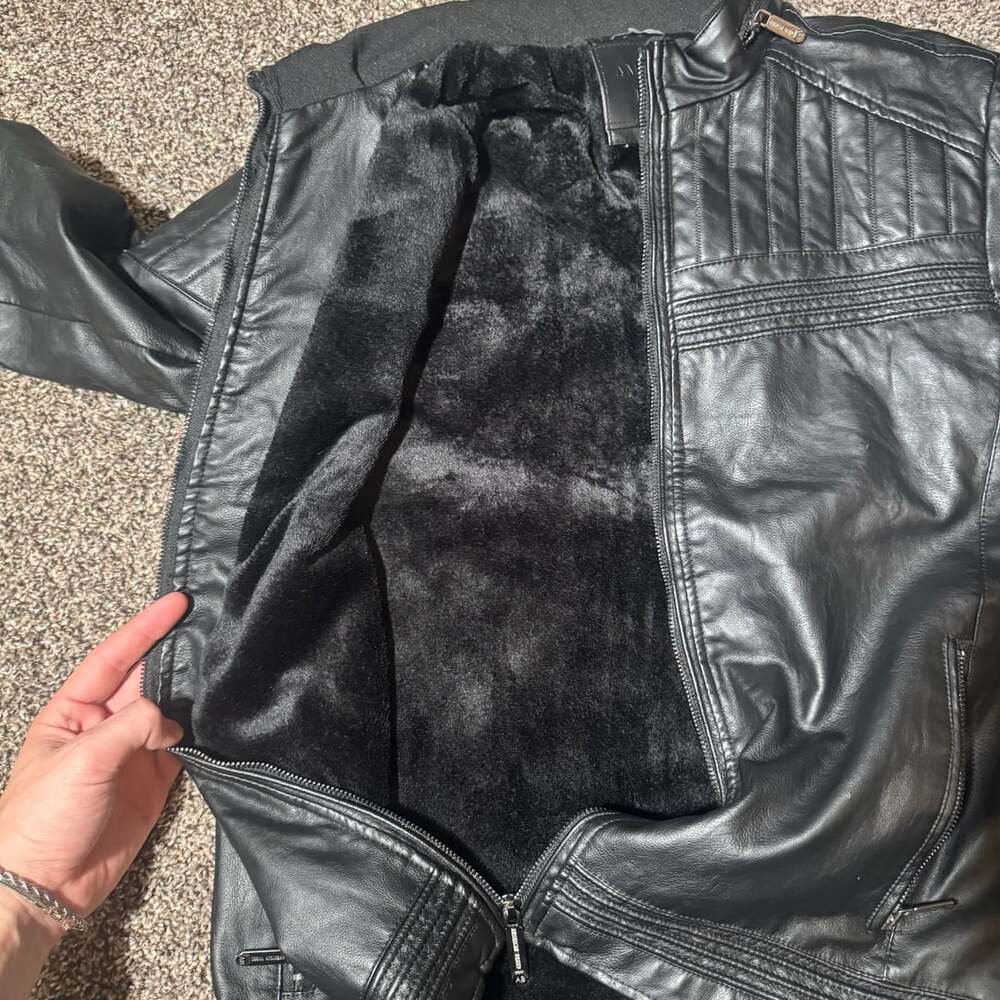 American Breed Faux Leather Jacket Size M Black Moto Fur Lined - Picture 7 of 7